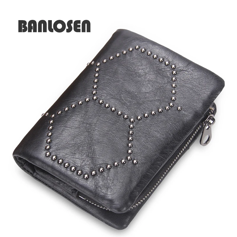 

Men Wallet With Rivet Design European and American Style Organizer Wallets Genuine Leather Zip Coins Pocket Male Purse