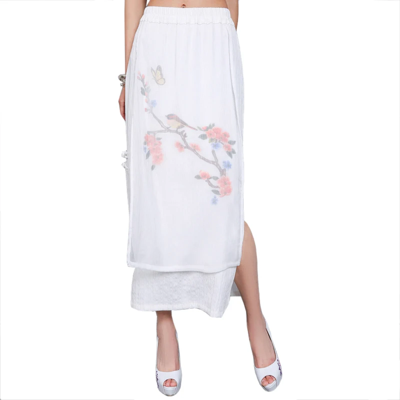 Chinese Style Chiffon Women Long Skirt Lady Elegant Floral Straight Skirt Handmade Button Summer