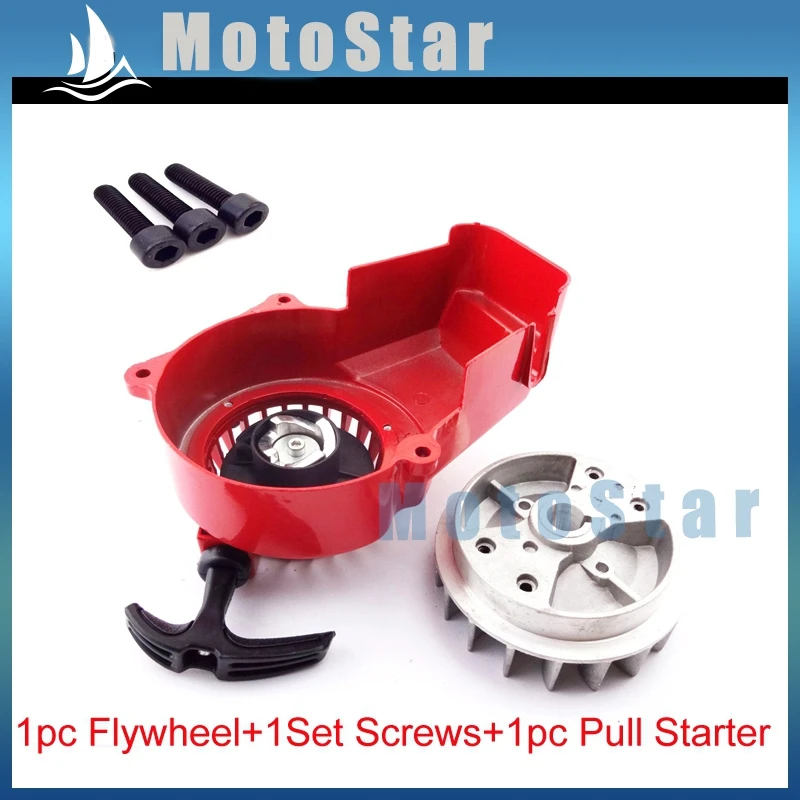 Aluminum Red Pull Start Recoil Starter + Flywheel + Screws For 2 Stroke 47cc 49cc Engine Pocket