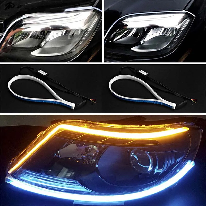 

2Pcs For Headlight Sequential DRL Flowing Amber Turn Signal Lights Slim Flexible Switchback LED Knight Rider Strip Light