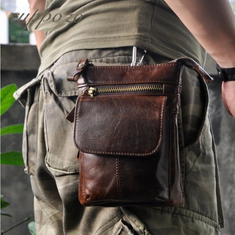 

Cuppozo 7 Inch Genuine Leather Sewing Men Messenger Bags Black/Brown Waist Pack Single-Shoulder Small Messenger Bags Cow Leather