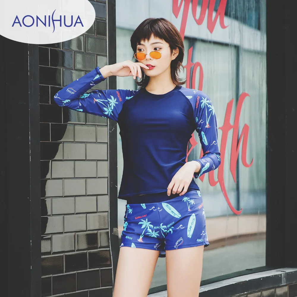 

AONIHUA Two Piece Swimsuits Women Vintage Palm wave Print Long sleeve Swimwear female Retro Surfing Bathing Suit
