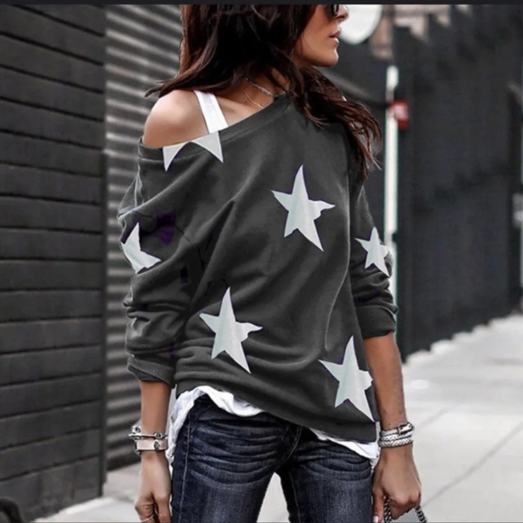 One Shoulder T-Shirt Women Shirt Fashion Star Print Long Sleeve Loose Casual Tee Shirt Spring Lady Shirts Tee Top Plus Size