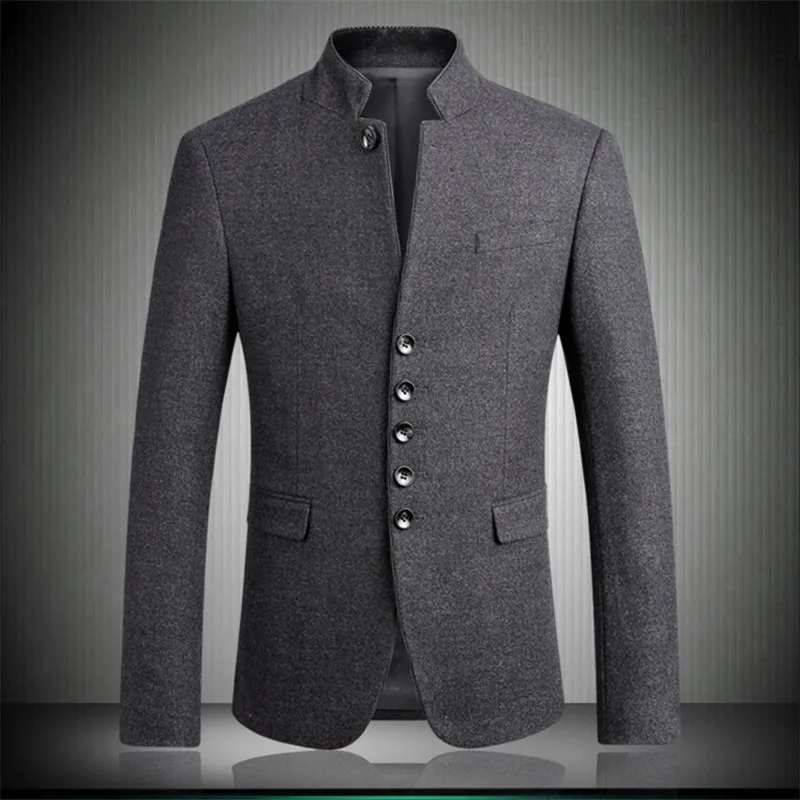 

Men Blazers 2019 New Arrival Woolen Stand Collar Chinese Tunic Suits Fashion Gentleman Slim Fit Party Blazer Gray M-3XL 4XL 6622