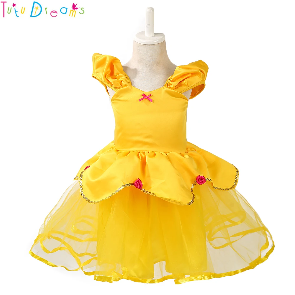

Princess Beast Beauty Belle Tutu Costume Knee Length Toddler Girls First Birthday Party Dress Clothes With Fairy Wands Gloves