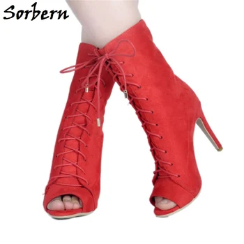 

Sorbern Red Peep Toe Autumn Ankle Boots High Heels Women Shoes Cross-Tied Stilettos Custom Made Color Ladies Ankle Boots Size 6