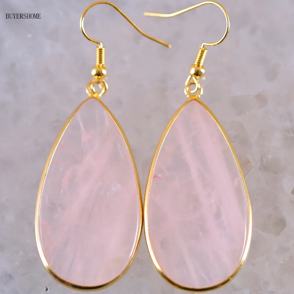 

Jewelry Gift for Women 40x21MM Natural Stone Pink Quartz Water Drop Beads Dangle Earring 1Pair U021