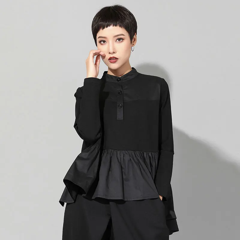 [XITAO] Tidal модельная модная женская футболка со стоячим воротником и длинным рукавом, Женская свободная плиссированная нестандартная футболка ZLL2806