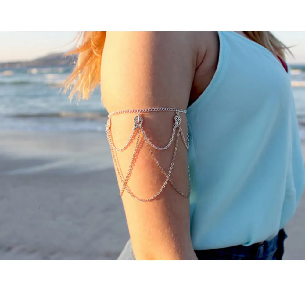 Antique Silver Leaf Chain Bracelet Upper Arm Bracelet Women Summer