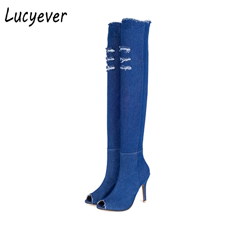 

Lucyever 2018 Fashion Women Denim Boots Over The Knee Peep Toe Boots High Heels Shoes Woman Casual Fringe Jeans Long Boots