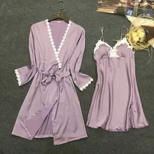 MECHCITIZ осень г. пикантные для женщин халат и платье наборы для ухода за кожей шелковый халат+ Мини Ночное платье двойка шелковые пижамы