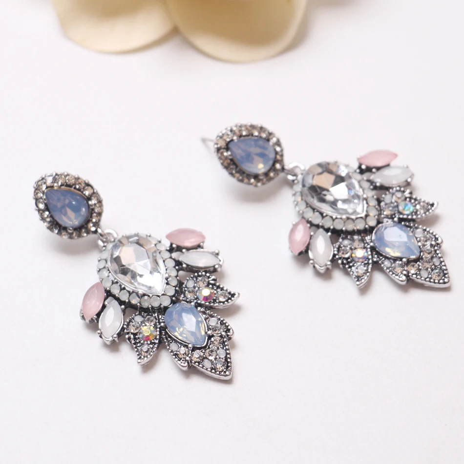 Ztech New Hot Light Blue& Pink Resin with big Crystal Flower Earrings for Women Luxury Starburst Pendant Gem Statement Earrings