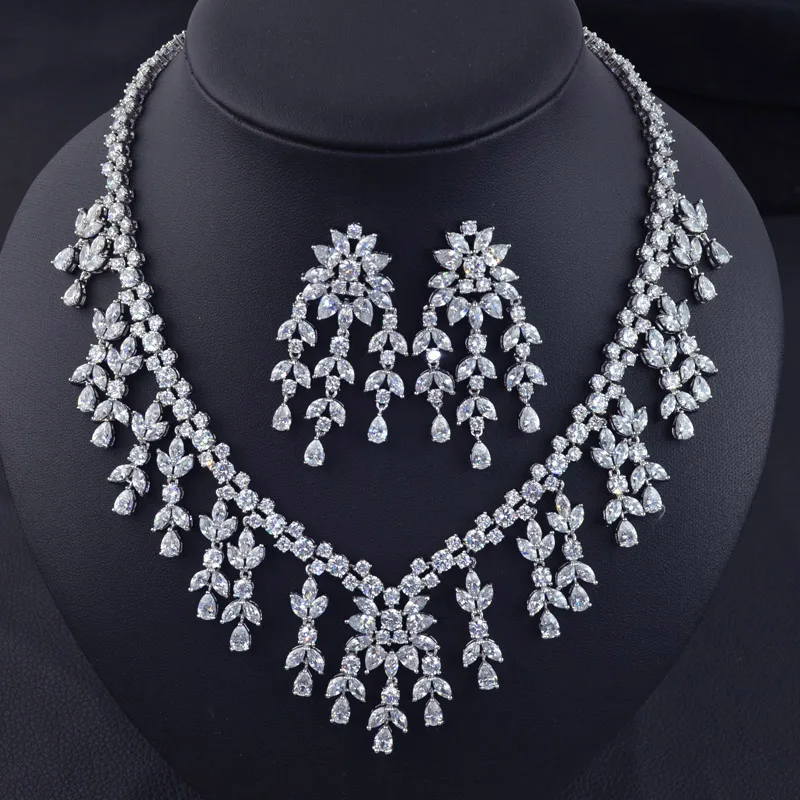 

New design fashion luxury AAA Cubic Zirconia tassel necklace earring jewelry set,high quality party/bridal wedding jewelry set