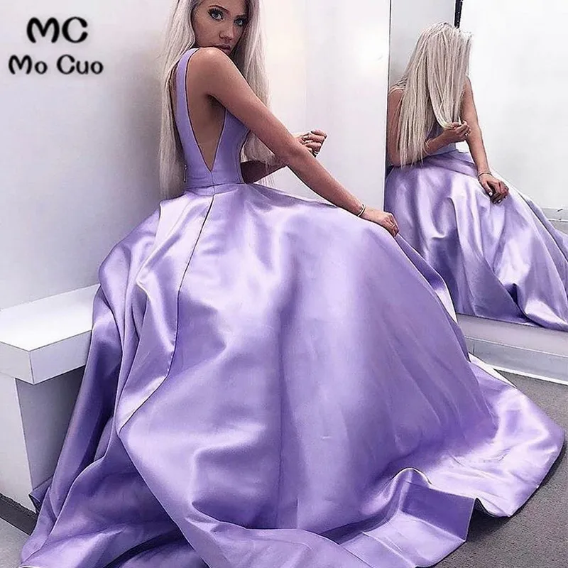 A-Line V-Neck Backless Sweep Train Lilac Satin Prom Gown Party Dress3