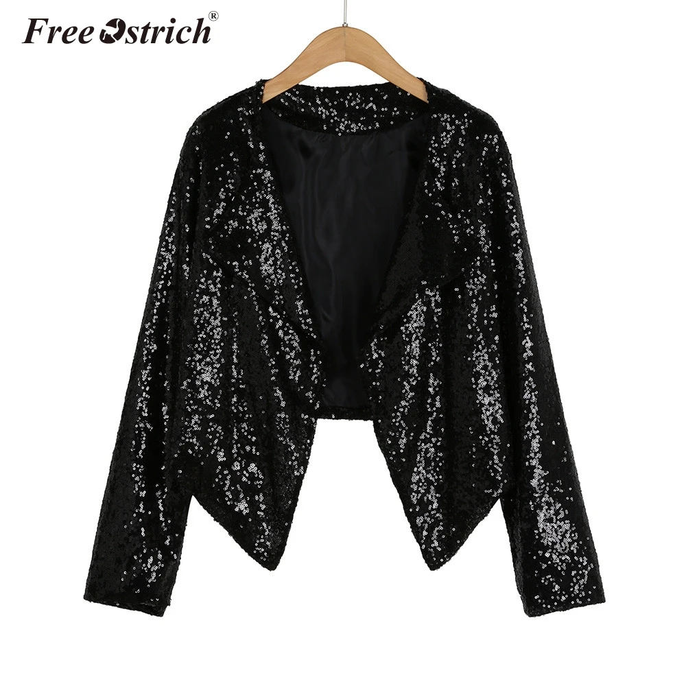 discount  Free Ostrich Jacket Autumn Spring Fashion Short Cardigan Women Gold Sequins Long Sleeve Irregular O