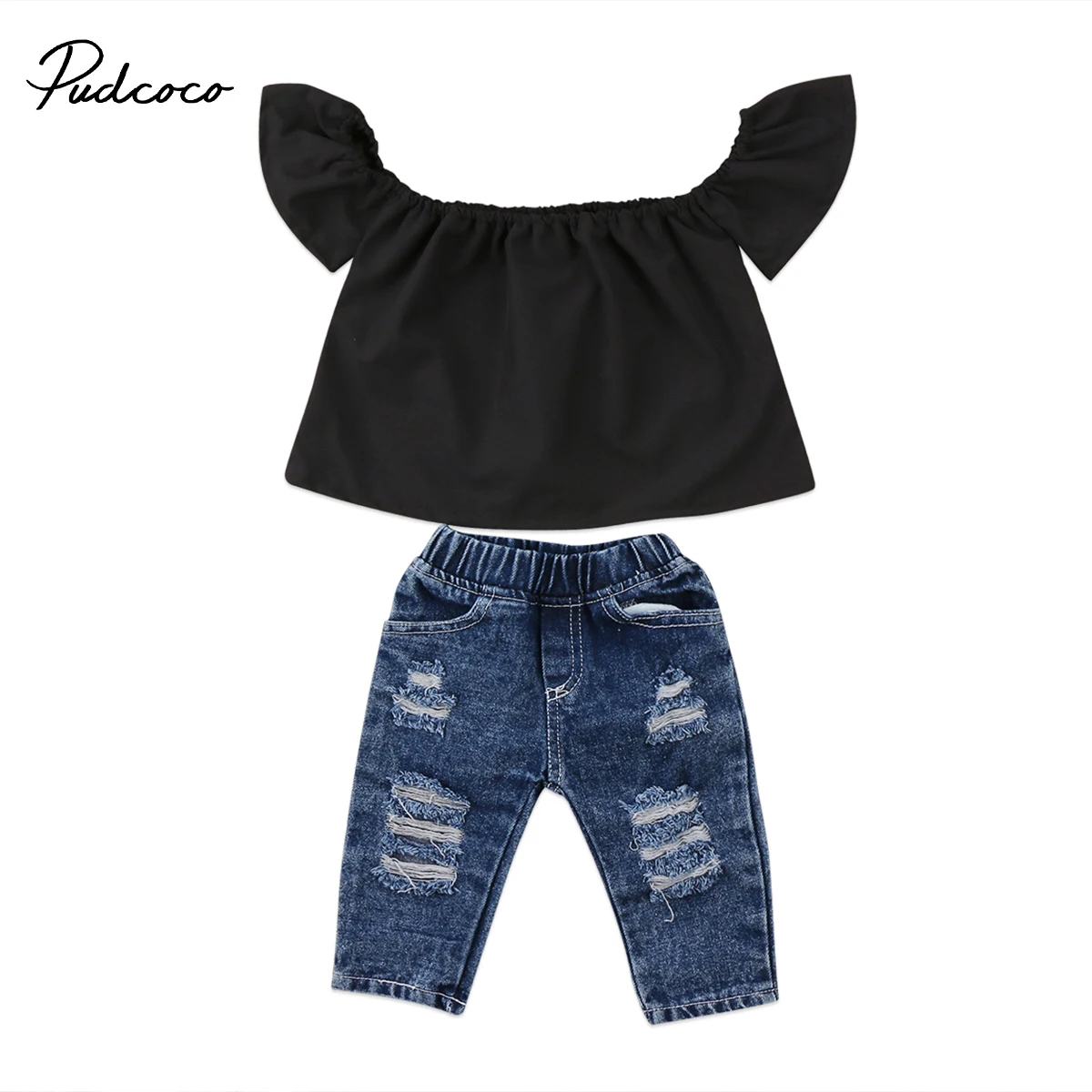 

Pudcoco 2Pcs Toddler Kids Baby Girls Clothes Casual Off Shoulder Tops Denim Pants Outfit Set 6M-4Y Helen115