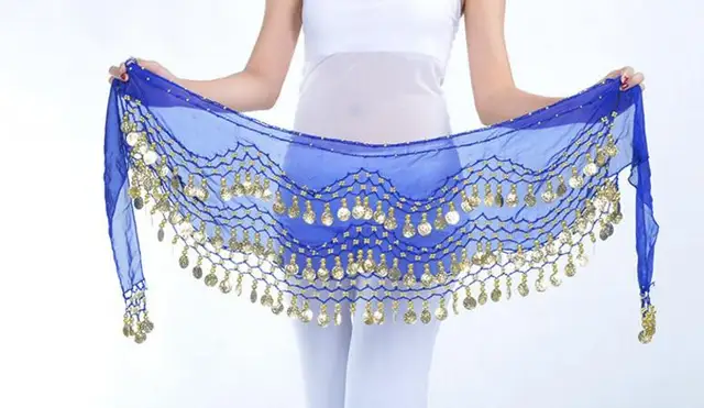 1 piece 3 Rows 128 Gold Coins Belly Dance Costume Hip Scarf Skirt Belt Wrap Waist New Brand blue