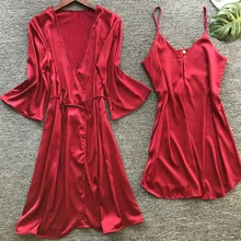 Сексуальная одежда кружевные пижамы для женщин Ночная рубашка спагетти ремень пижамы из искусственного шелка халаты+ халаты для сна устанавливает ночную рубашку