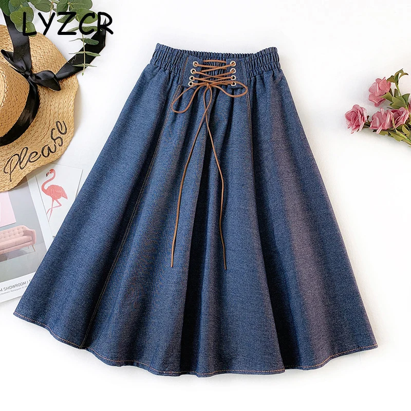 Women's Denim High Waist Skirt Midi Summer Slim A Line Women Skirt Jeans Elastic Waist Elegant Denim Skirts Womens