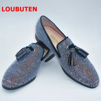 

LOUBUTEN New Handmade Sparkling Crystal Rhinestone Men Loafers Luxury Suede Slip On Men Shoes Fashion Tassel Mens Dress Shoes