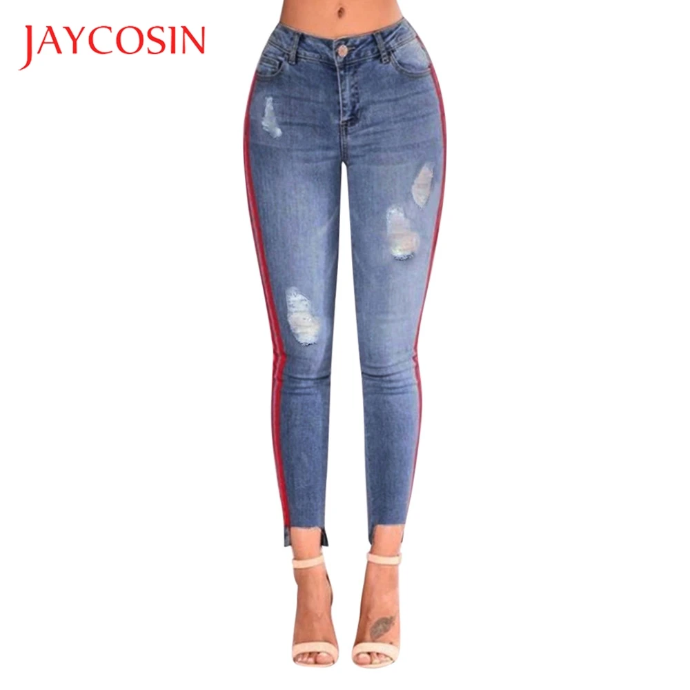

JAYCOSIN Denim High-Waist Women Ripped Stretchy Hole Pencil Pants Jeans Trousers Stylish And Fashion Design More Attractive