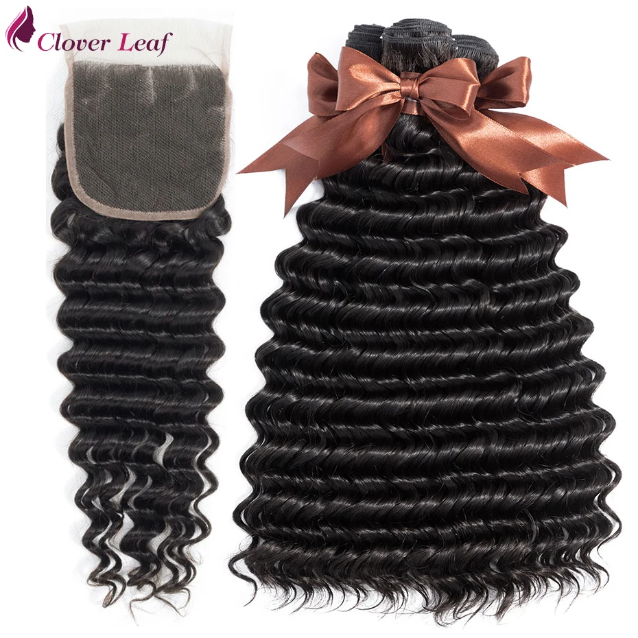 

Clover Leaf Remy Hair Indian Human Hair Extensions With Lace Closure 3 Bundles Deep Wave Hair With 4*4 Closure Natural Color