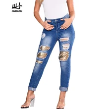 AIMENUNU/синие джинсы с высокой талией и блестками, повседневные джинсы с карманами, осенние женские джинсовые брюки
