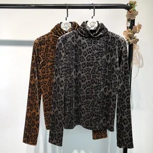MUMUZI Леопардовый принт водолазка рабочая одежда женская футболка женская одежда Весна длинный рукав сексуальные женские рубашки, футболки