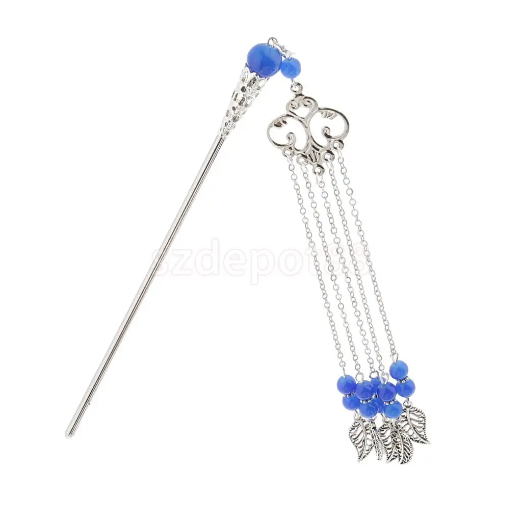 Solid Metal Tasel with Beads Stick Pin Hanfu Dress Ancient Chinese Cosplay Drama Girls Cute Hair Pin