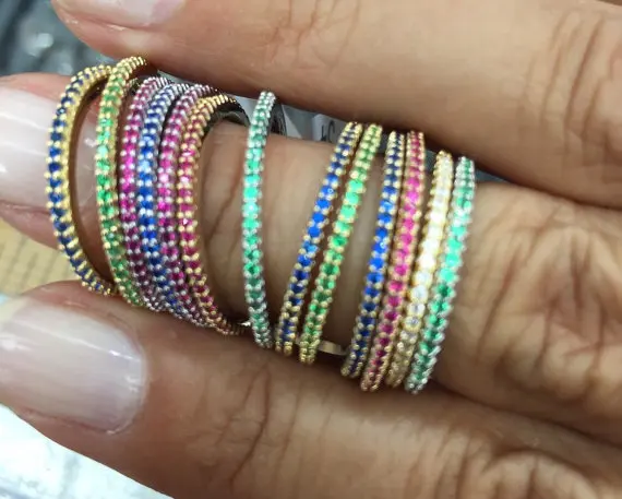 

Colorful cz eternity band ring thin skinny engagement band birthstone rainbow color classic simple round circle finger rings