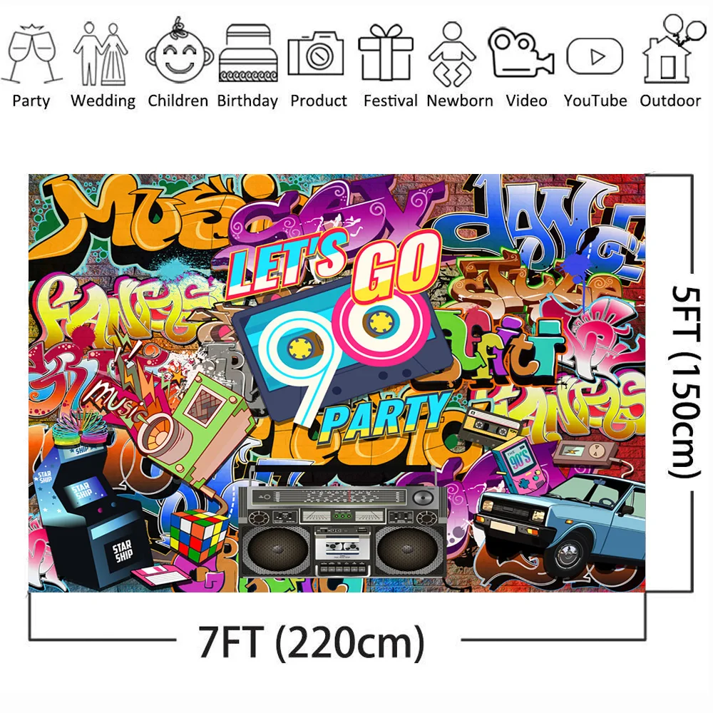Let's Go 90's Party Backdrop Граффити стена хип хоп 90s винтажный радио музыка 90th