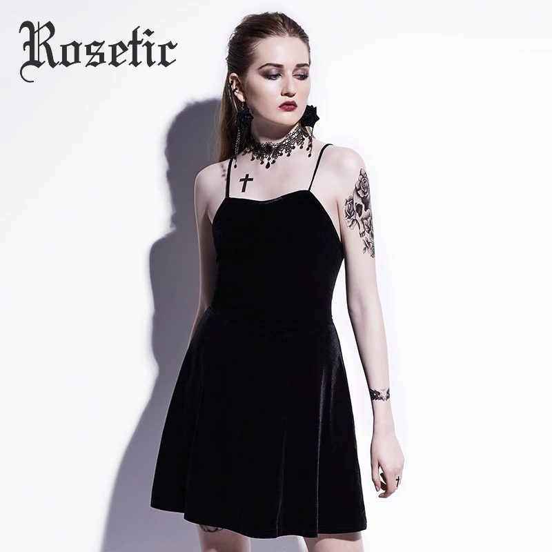 

Rosetic Gothic Mini Dress Black Summer Women Sexy Spaghetti Strap Dress Backless A-Line Lace-Up Wild Club Party Goth Mini Dress