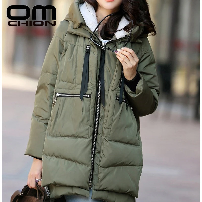 

OMCHION 2019 Autumn Winter Coat Women Thick Cotton Jacket Hooded Long Sleeve Zipper Big Pocket Overcoat Outwear Plus Size LJK42