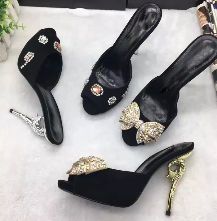 

Newest Crystal Embellished high heel sandal for woman sexy peep toe butterfly-knot strange heels sandal sea horse heels Sandal