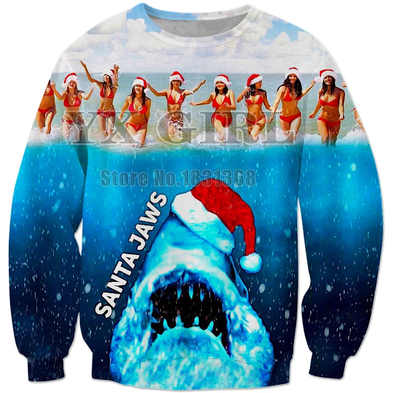 

YX GIRL Man Women 3D Print Bikini Beach Shark Christmas Sweatshirt 3D Printed Cartoon Santa Jaws Hoodies Pullovers Sweatshirts