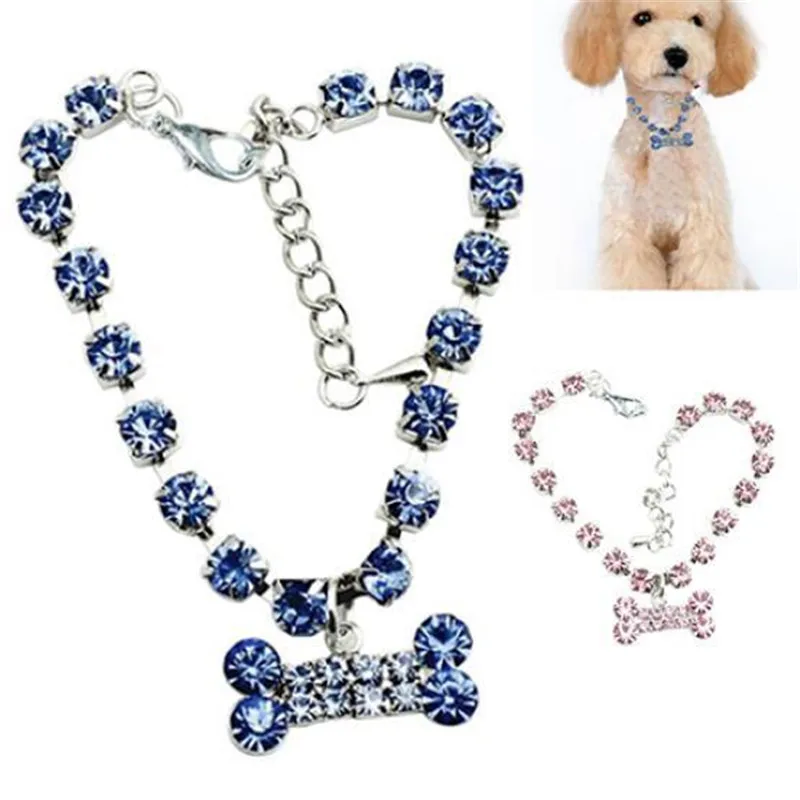 New Crystal Diamond Bone Dog Necklace Rhinestone Pendant Pet Necklace