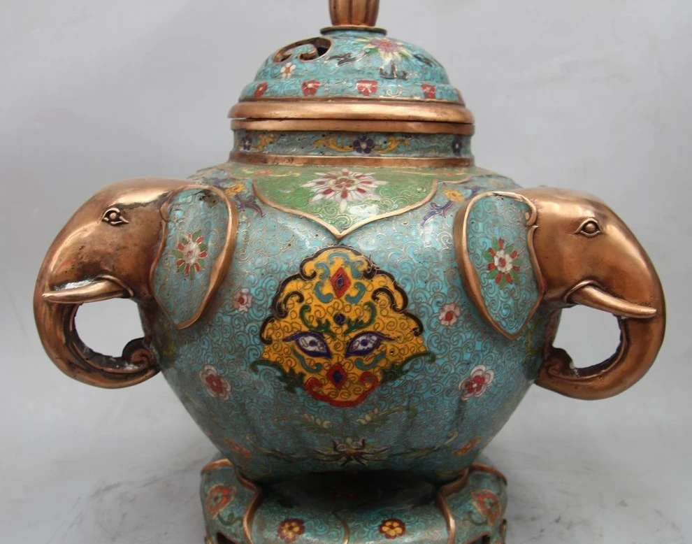 

16" Marked Chinese Bronze Cloisonne Enamel Gilt Elephant Head Incense Burner Cen