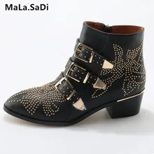 Hot Sale New Fashion Cool Women Sexy Rivets Buckle Ankle Boots High Quality Genuine Leather Med Square Heels Shoes Size 35-42 Hot Sale New Fashion Cool Women Sexy Rivets Buckle Ankle Boots High Quality Genuine Leather Med Square Heels Shoes Size 35-42