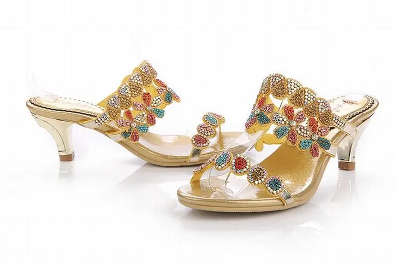 Mujeres Gold Colorido Verano Med De Talones Zapatos Del Sandalias 2018 Señoras Rhinestone Cómodo Flores Gladiador Cristal qxCwqZadF