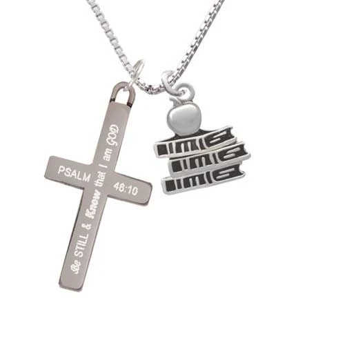 Antiqued School Books with an Apple - Be Still and Know - Cross Necklace (1)
