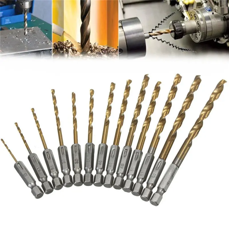 13pcs/set HSS High Speed Steel Twist Drill Bit for Metal Titanium Coated Drill 1/4 Hex Shank 1.5