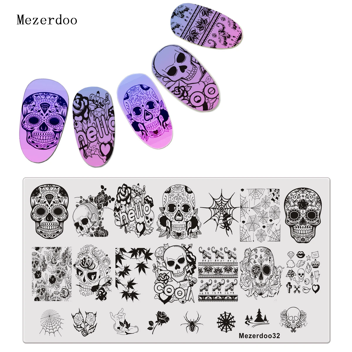 1Pcs Spider Web Nail Stamping Plate Skull Rose Pattern Rectangle Nail Art Stamp Stamping Template Image Plate Stencil Mezerdoo32