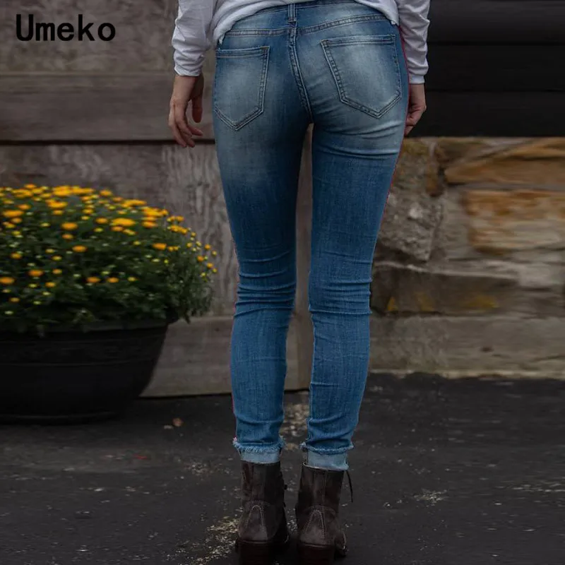 Umeko Ripped Jeans for Women Striped High Waist Skinny Distressed Jeans Denim Streetwear New Autumn Fashion Long Pants