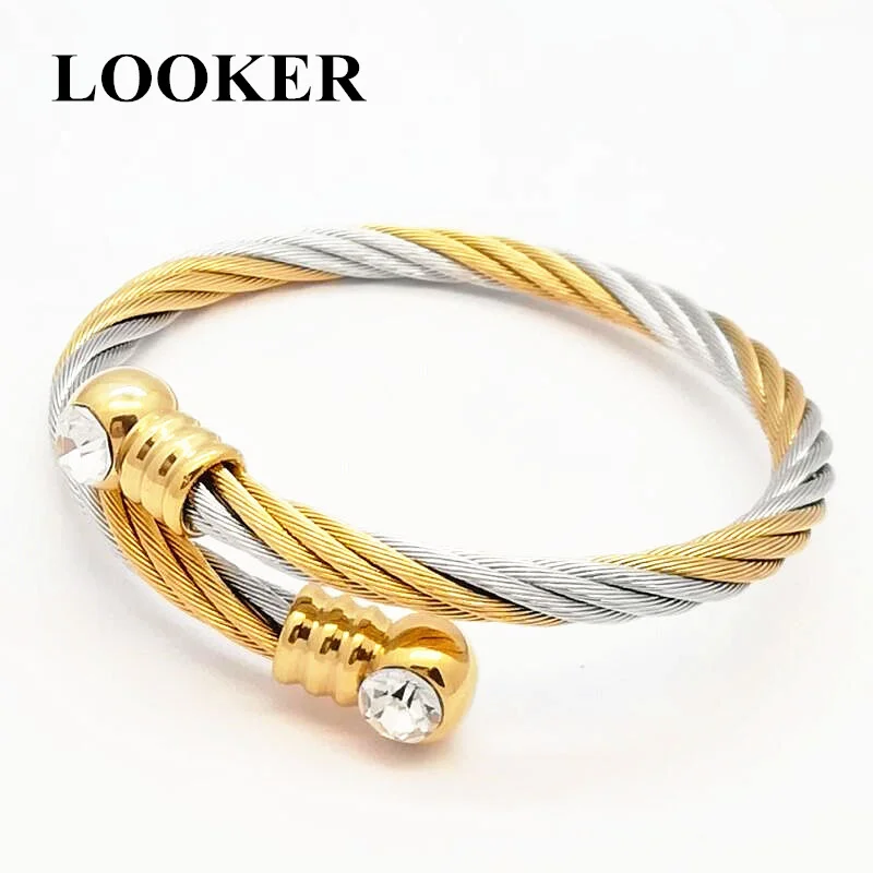 

Two Colors Tones Fashion Women Stainless Steel Jewelry Elastic Wire Rhinestone Charm Clasp Bracelets Bangles