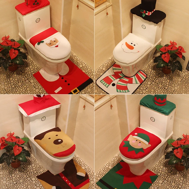 4 Styles 1 Set 3pc Fancy Happy Santa Toilet Seat Cover Rug Bathroom Decoration