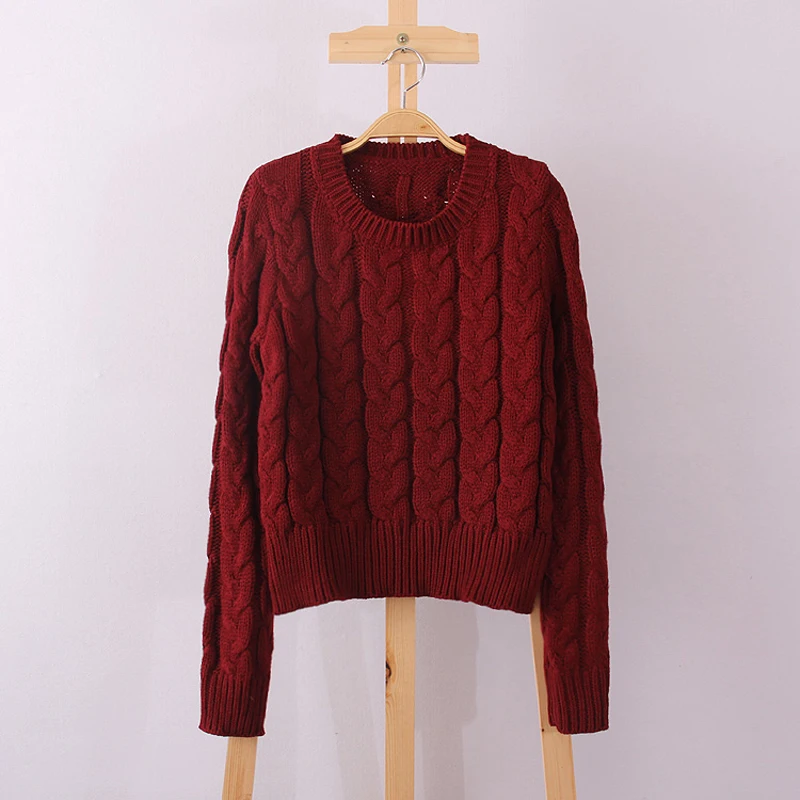 

Retro Style Coarse Line Knitting Sweater O-Neck Pullover Short Sweater Women Girl Autumn/Winter With Red Beige Pink Purple Color