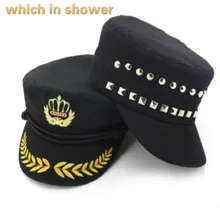 Который в душ заклепки черный военная шляпа женские и мужские Корона вышитые Cap Регулируемый Cap Сейлор Капитан корабль хлопок Hat