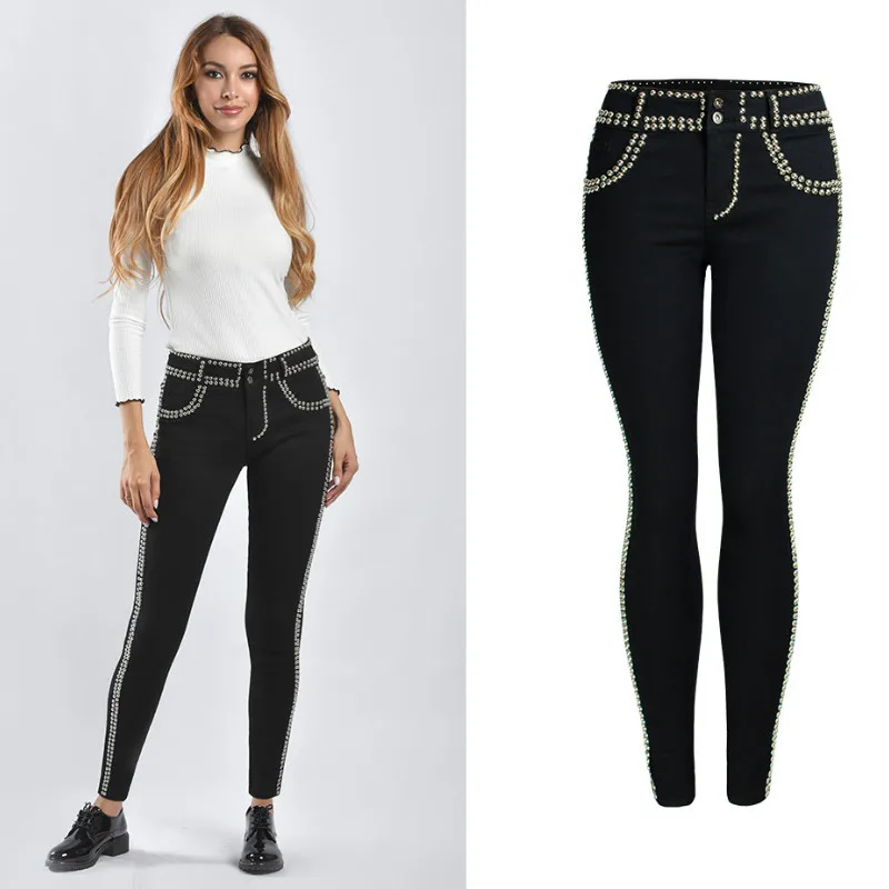 Черные джинсы с заклепками, женские обтягивающие джинсовые штаны с низкой талией, уличная одежда в европейском и американском стиле, брюки в полоску, Vinatge Vaqueros Mujer - Цвет: Черный