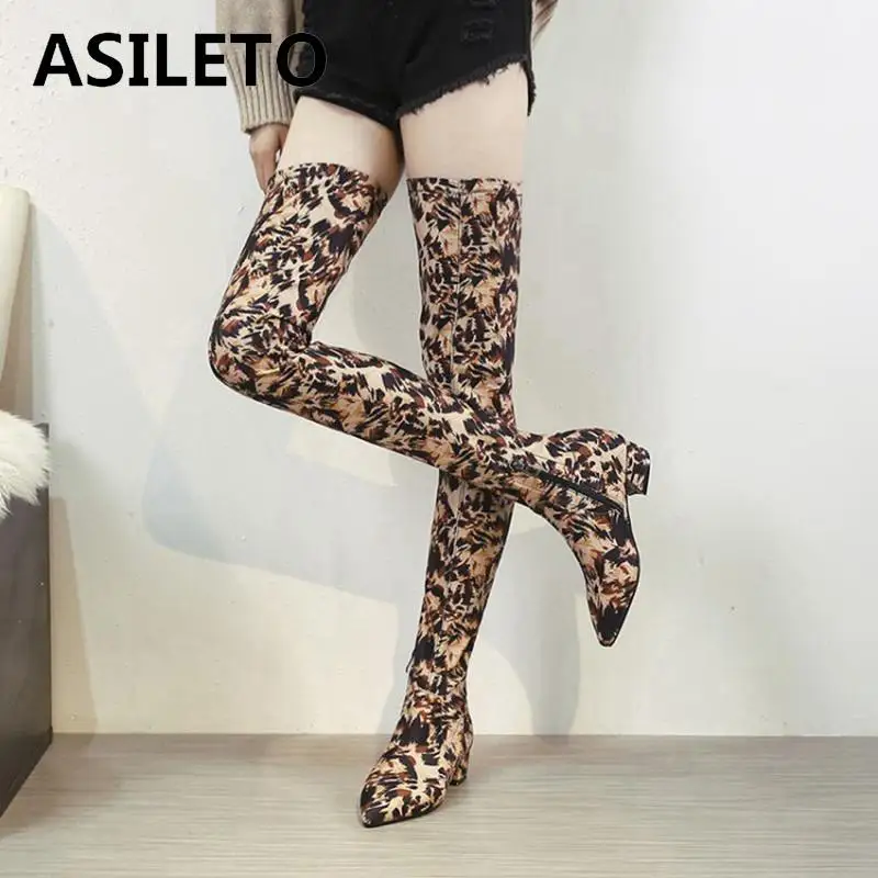 

ASILETO Thigh High Boots high heels women Over the Knee leopard pigskin insole Long Boots printed bottes stretch fabrics botas