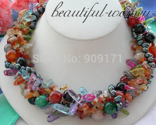 

Free Shipping>>>5row 18" multicolor round jade strip crystal black pearl agate NECKLACE